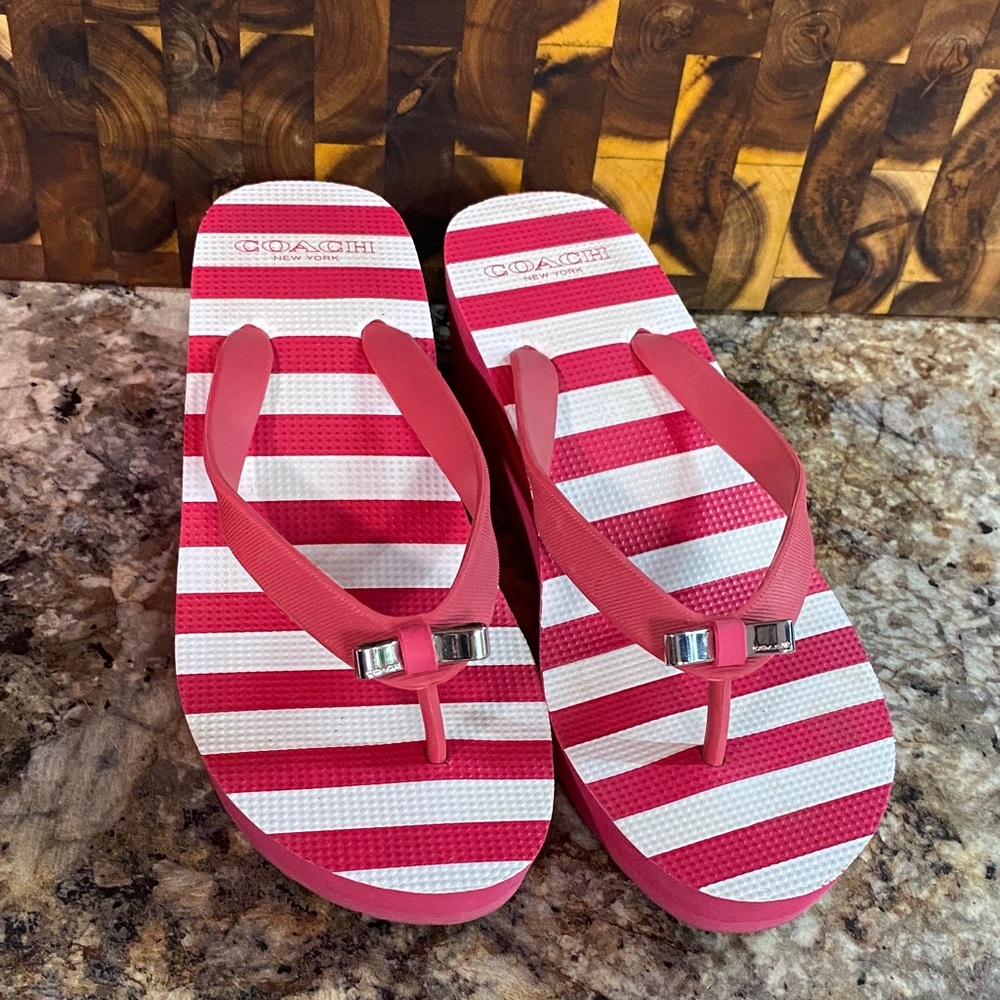 Coach Pink and White Striped Sandals